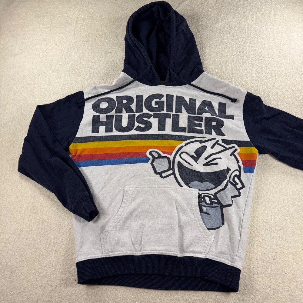 Pac-Man Hoodie Mens Medium Navy White Original Hustler Graphic Retro Stripe